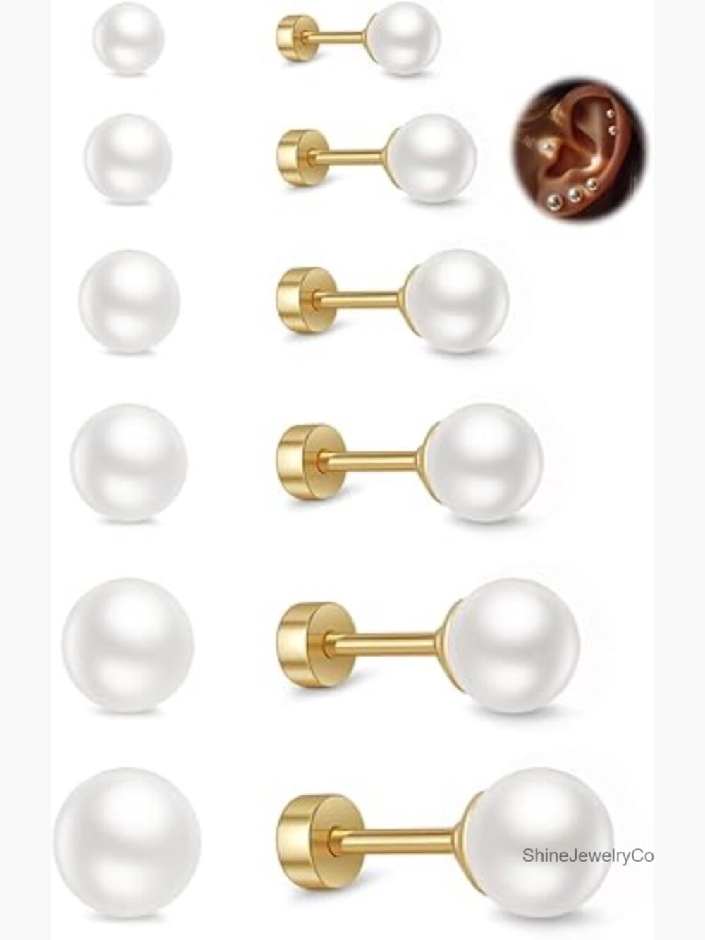 6 Pairs Pearl Stud Earrings Set Flat Back Silver 4-9mm Hypoallergenic